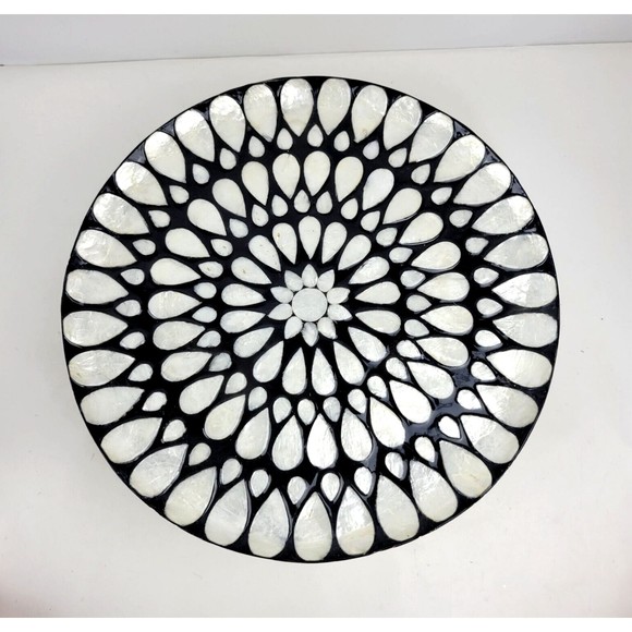 Capiz Shell Pedestal Cake Stand Plate Decorative Flower Inlay Black Ivory 13" - Picture 11 of 15